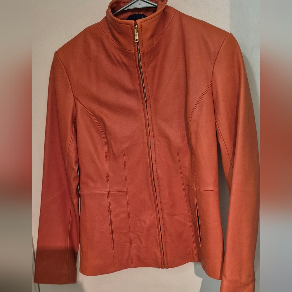 Cole Haan Women's Wing Collar Rust/ Orange Lambskin Leather Jacket Sz.XS